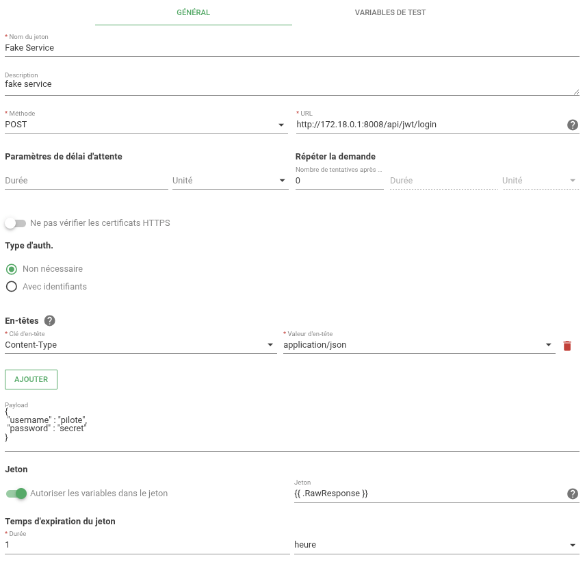 Jetons d'authentification externe - Formulaire Canopsis 25.10